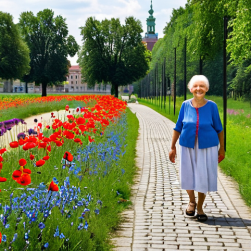 Home 4 **
A vibrant urban meadow in Warsaw, Poland, brimming with colorful wildflowers like poppies and cornflowers. A local resident, perhaps an elderly woman, smiles as she walks along a paved path cutting through the meadow. The backdrop features typical Warsaw architecture, showcasing a blend of modern and historical buildings. The image emphasizes the beauty and accessibility of urban green spaces for Polish city dwellers.
**