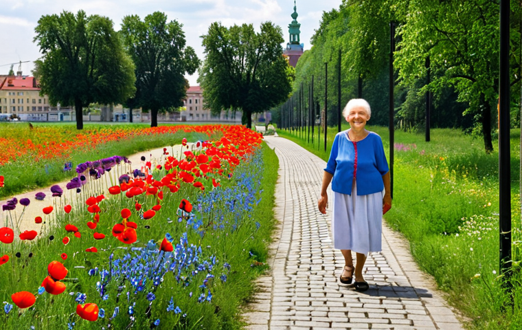 **

A vibrant urban meadow in Warsaw, Poland, brimming with colorful wildflowers like poppies and cornflowers. A local resident, perhaps an elderly woman, smiles as she walks along a paved path cutting through the meadow. The backdrop features typical Warsaw architecture, showcasing a blend of modern and historical buildings. The image emphasizes the beauty and accessibility of urban green spaces for Polish city dwellers.

**